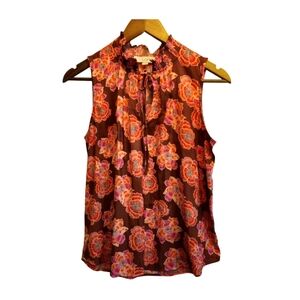 🌼3 for $15🦋 LOFT Sleeveless Pleated Ruffle Split‎ Neck Brown Orange Small